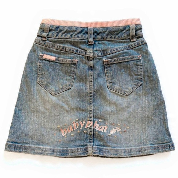Y2K Baby Phat Kids (Size 8) Denim Skirt - Embroidered Cat Logo Rhinestone Detail - Picture 2 of 5